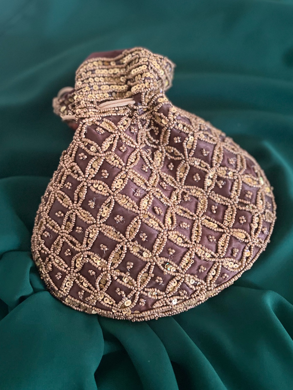 Beaded Drawstring Evening Pouch - Brown & Gold